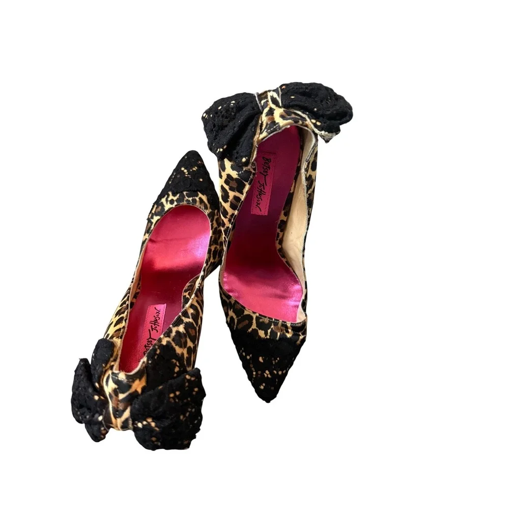 Betsey Johnson Leopard Print Lace Bow‎ Pointed Toe Pumps Stiletto Heels Brown 8M